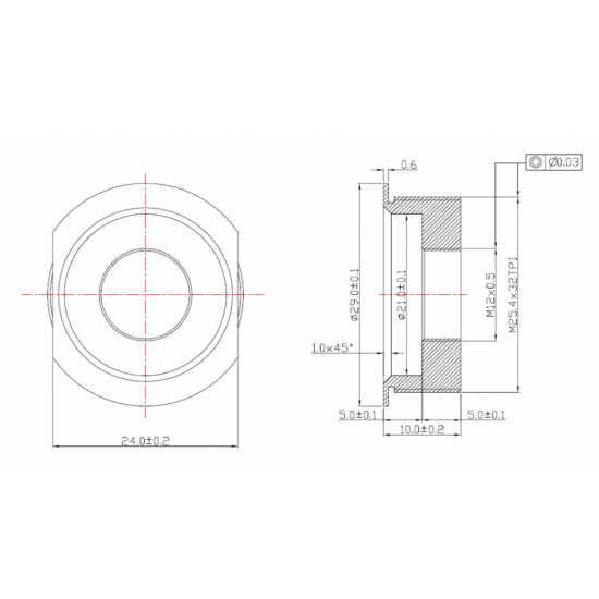 Lens thread adapter: M12x0.5 to C- or CS- mount, aluminum
